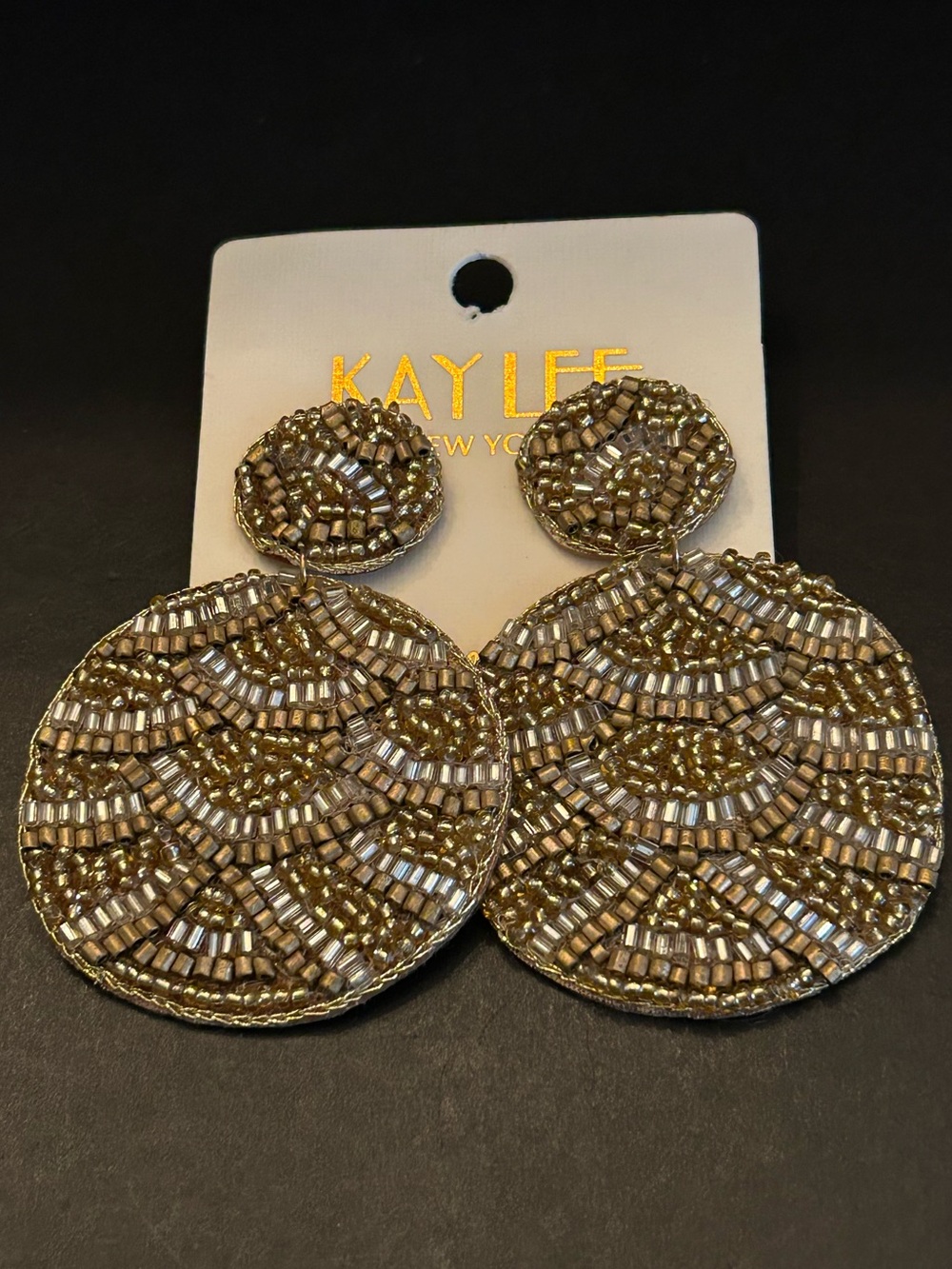 Kay Lee Gold & Bronze Hand Beaded Round Boho Statement Design Drop Earrings